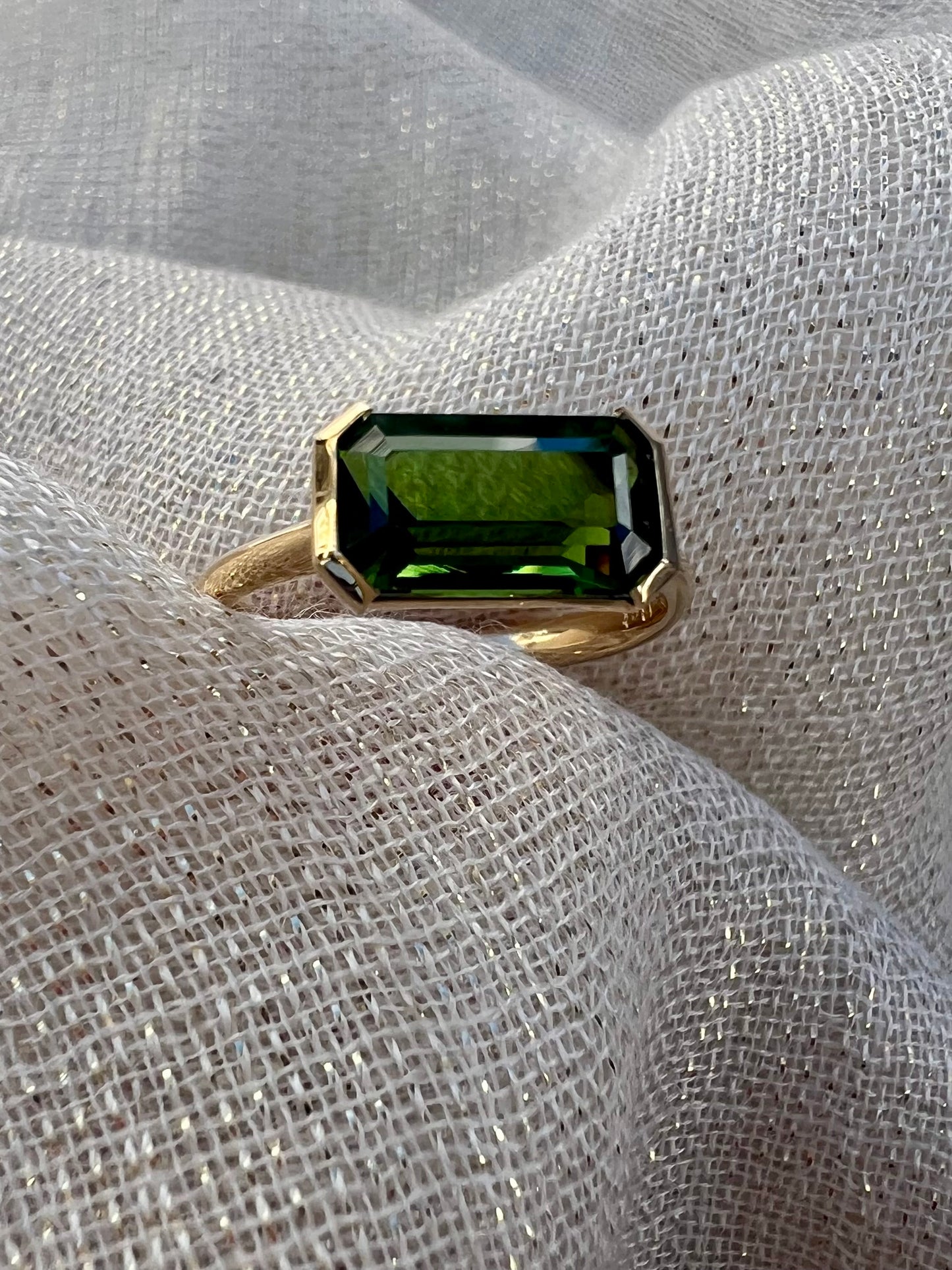 Chrome green Tourmaline side set ring.