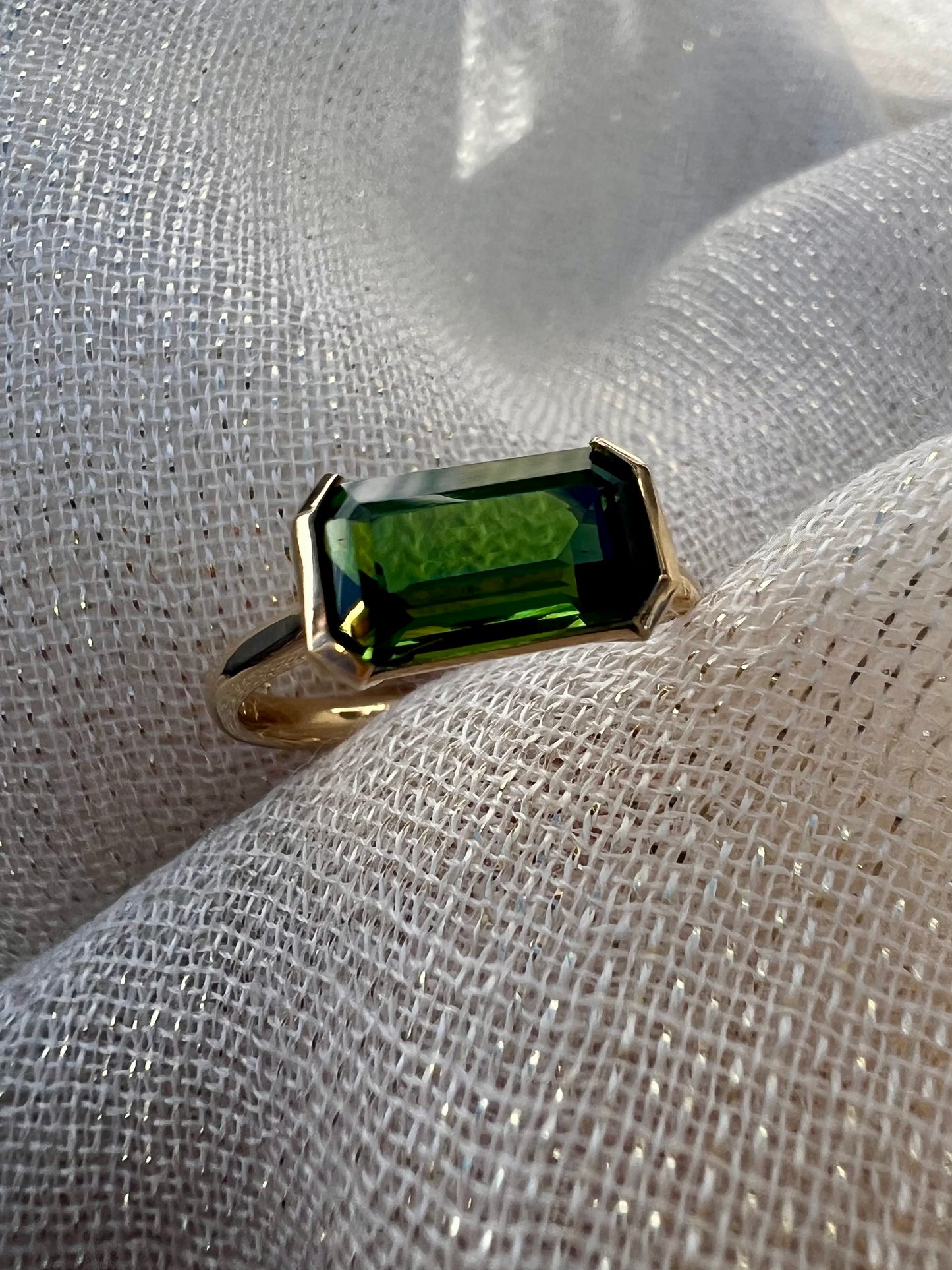 Chrome green Tourmaline side set ring.