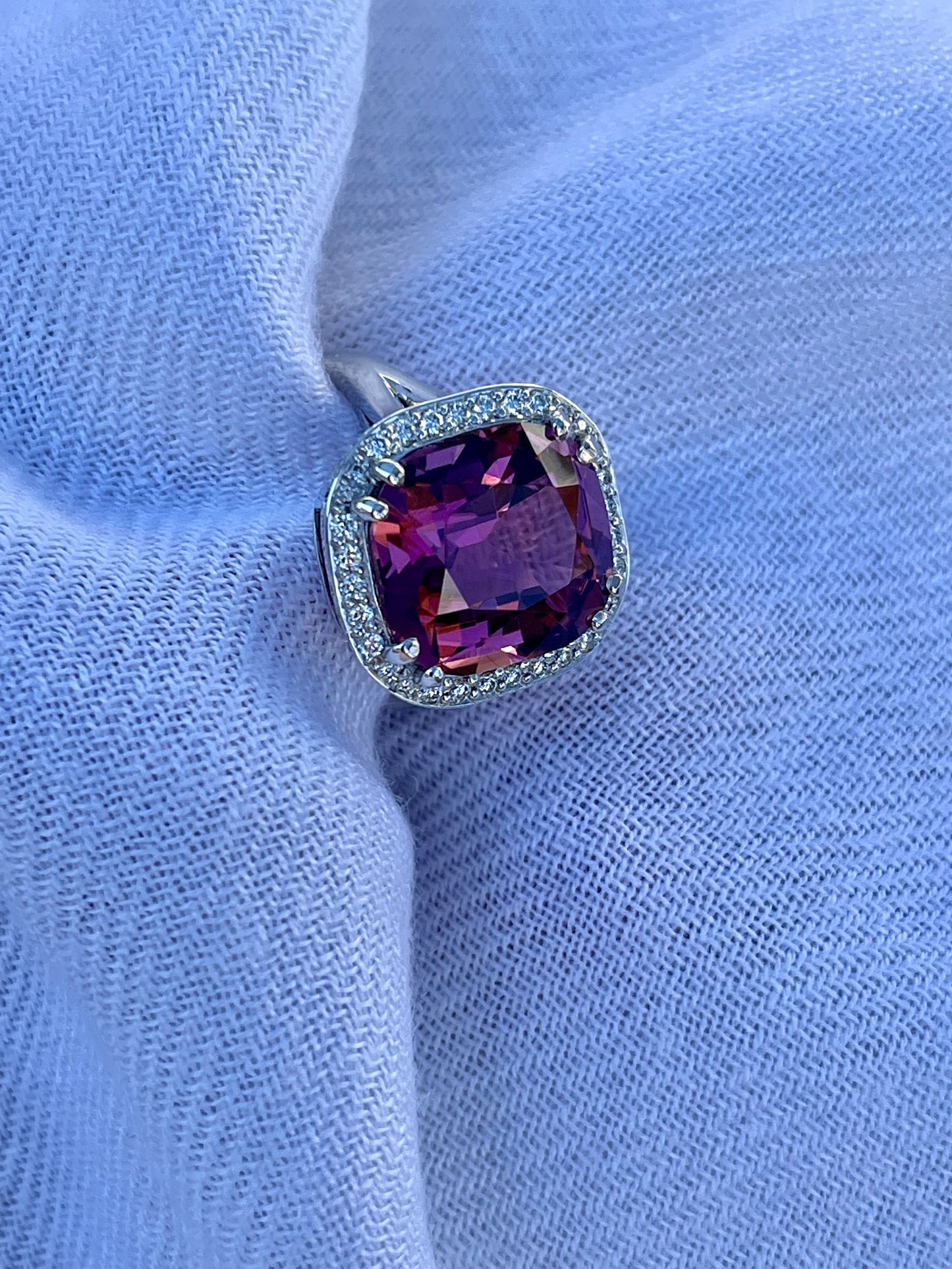 Pink cushion cut Tourmaline ring.