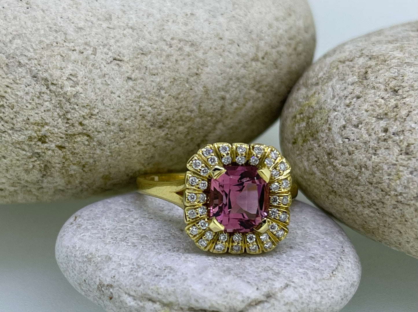 Pink Tourmaline radial ring with diamonds