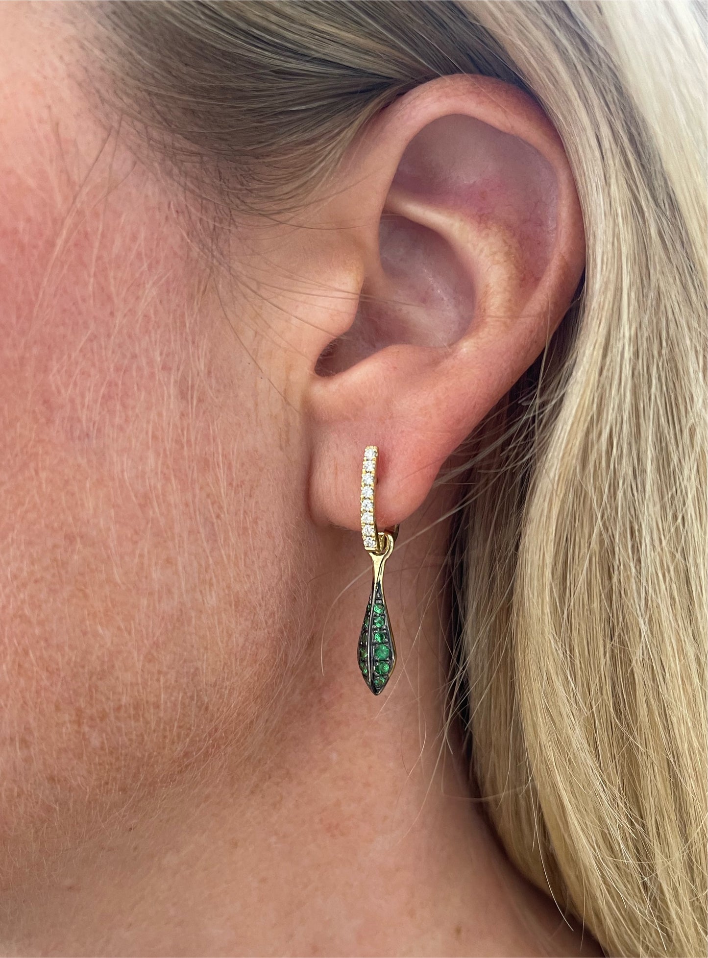 Tsavorite pod on Huggie earrings