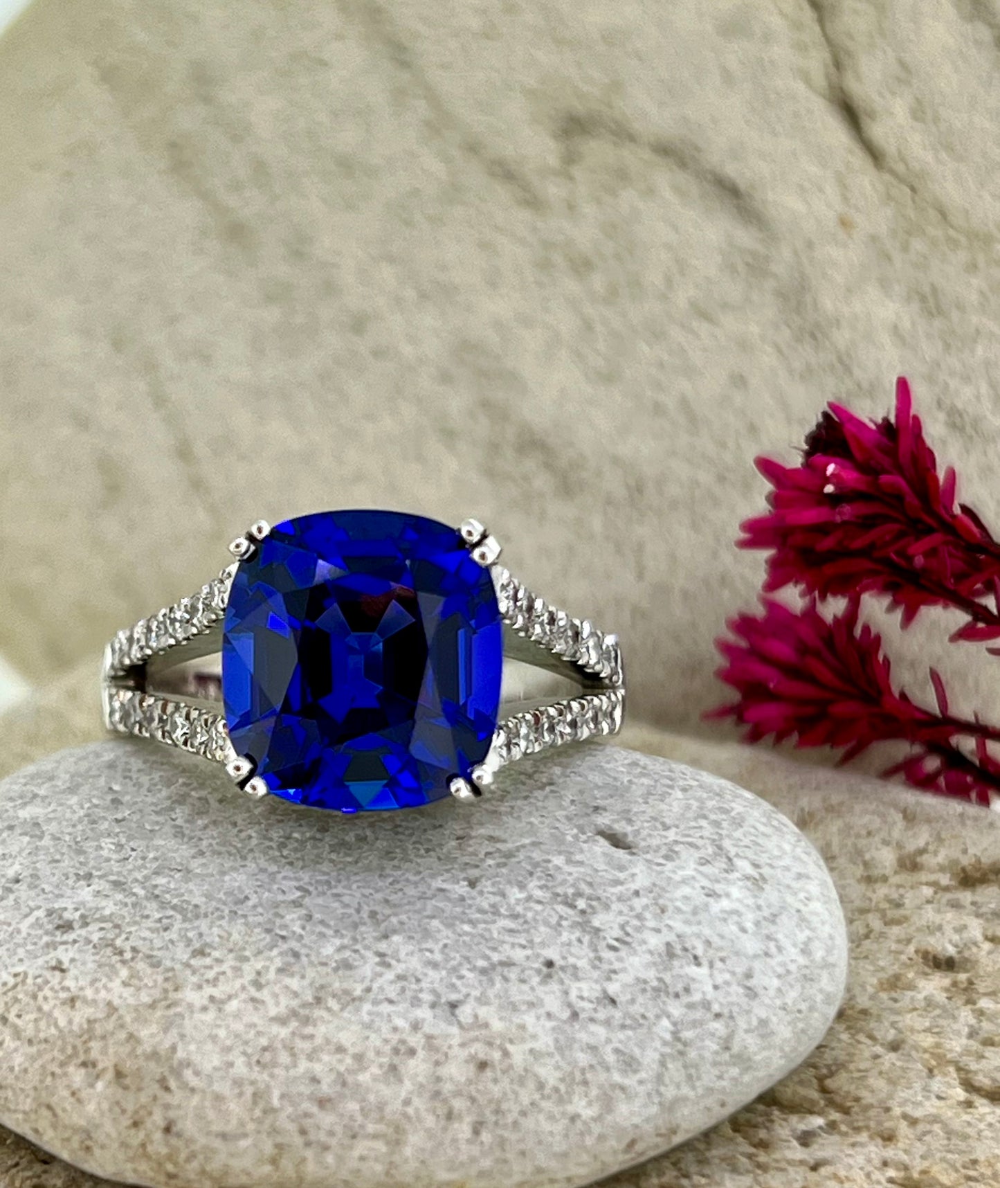 Cushion cut Tanzanite split shank ring