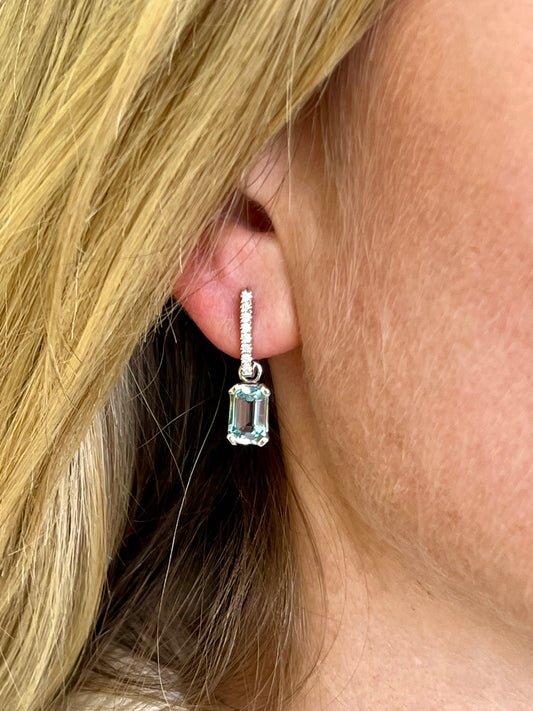 Aquamarine emerald cut drop earrings