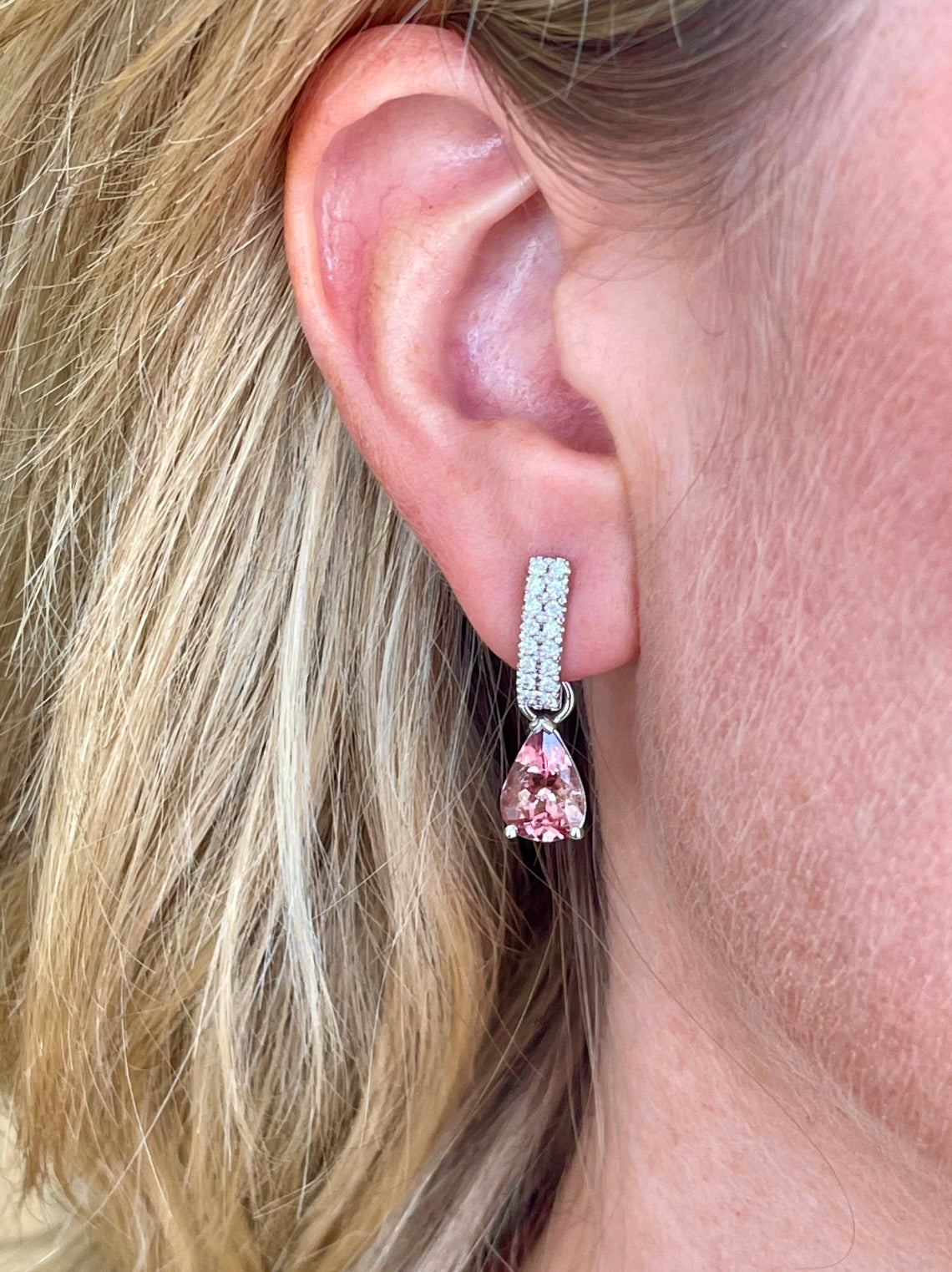 Double row Huggies with pink pear Tourmaline