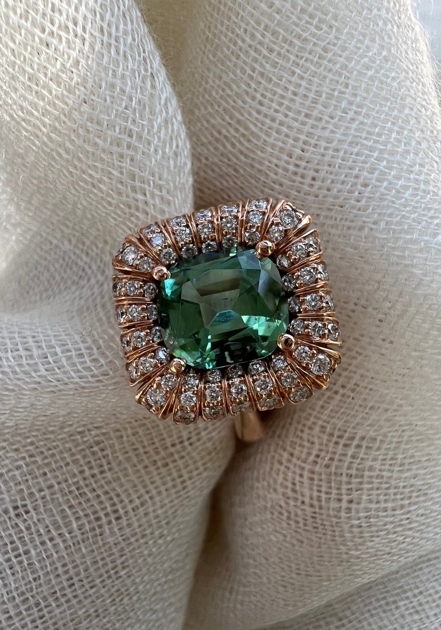 Lagoon green Tourmaline radial ring in rose gold