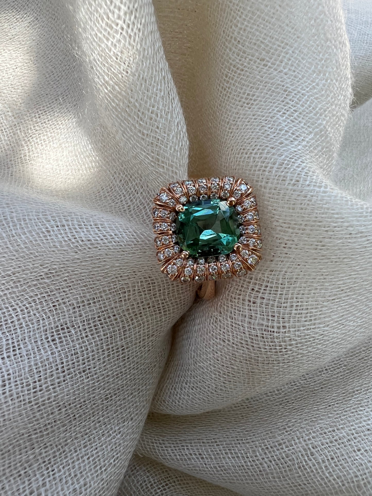 Lagoon green Tourmaline radial ring in rose gold