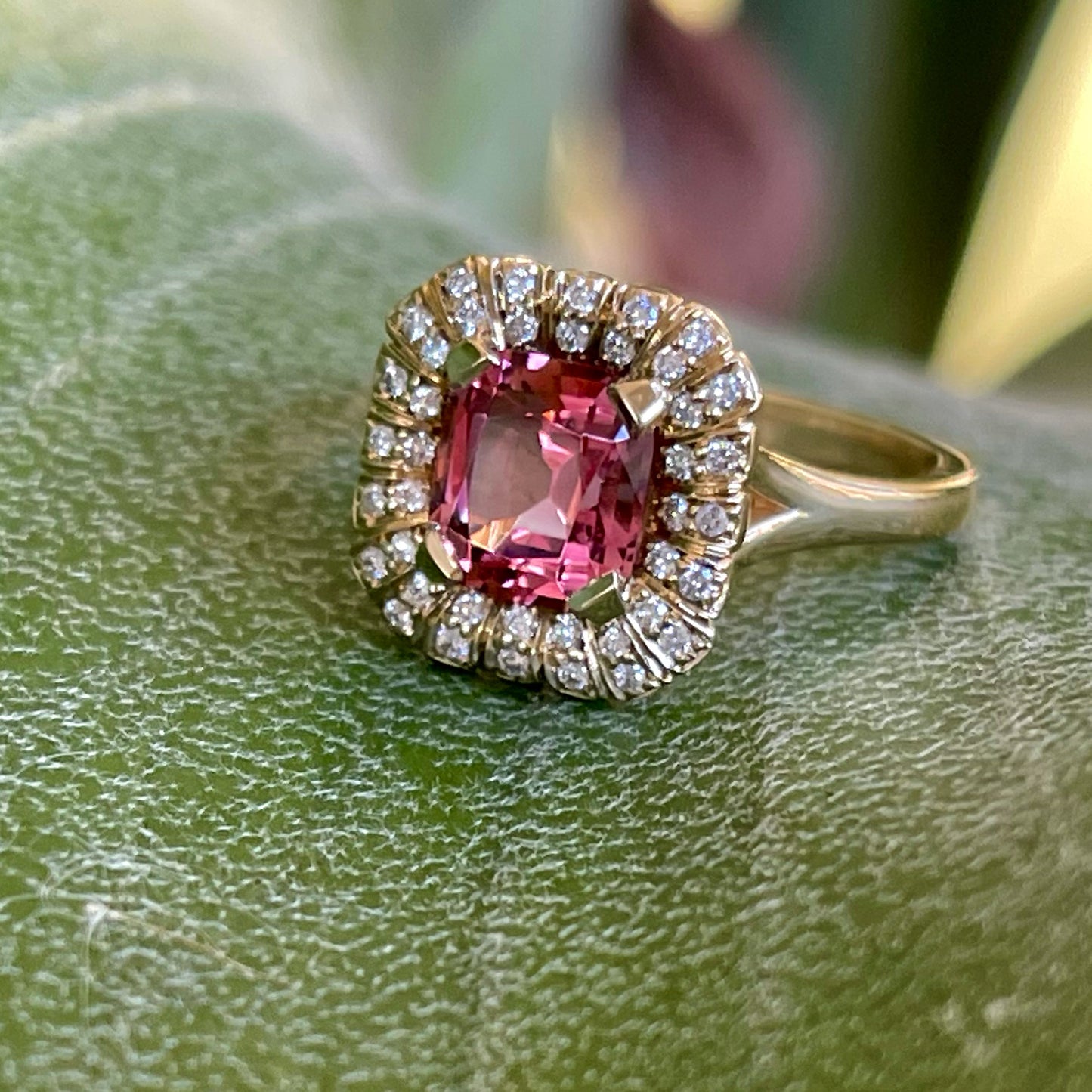 Pink Tourmaline radial ring with diamonds