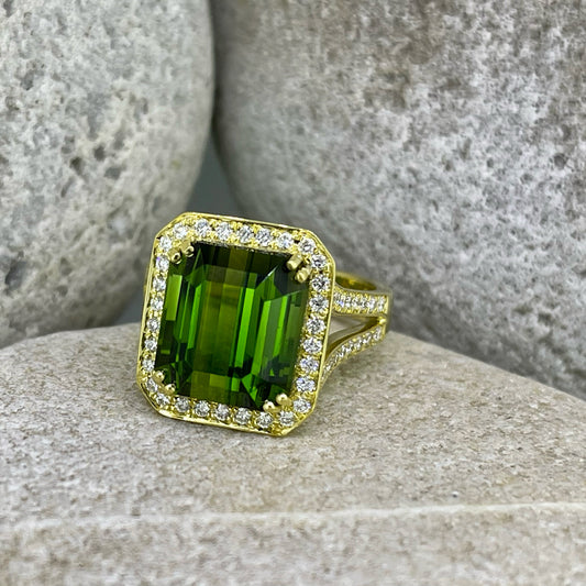 Emerald cut green Tourmaline ring