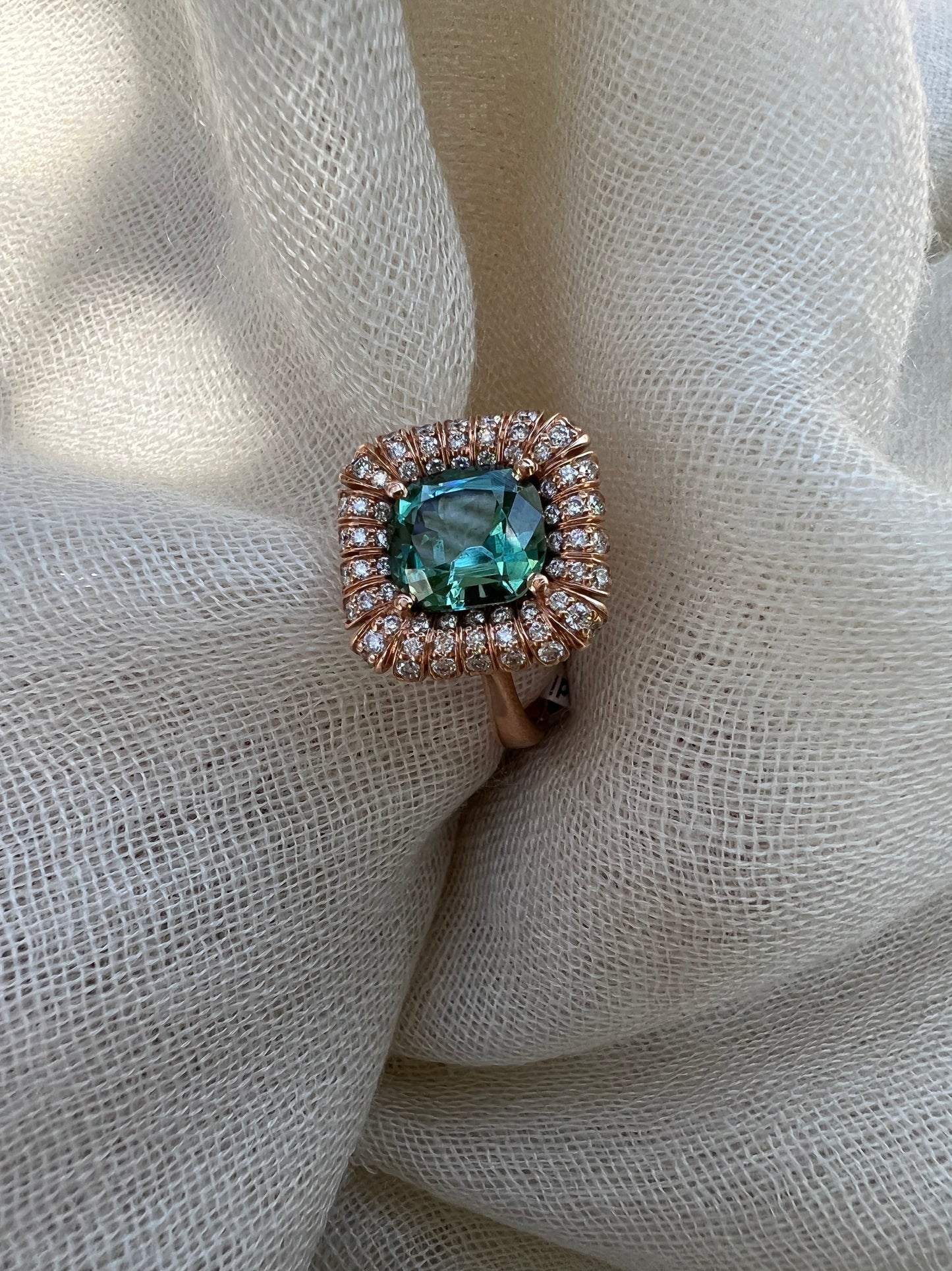 Lagoon green Tourmaline radial ring in rose gold