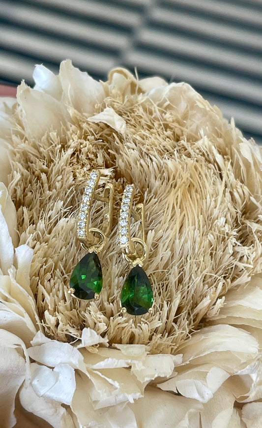 Yellow gold Huggies with Forrest green Tourmalines