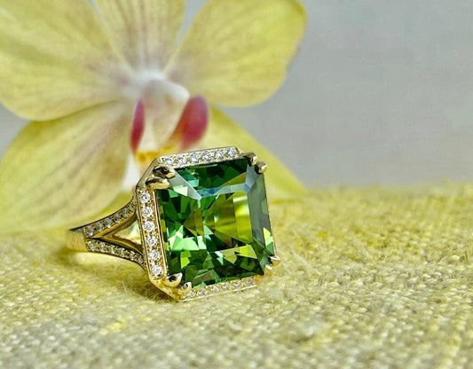 Green Emerald cut Tourmaline ring