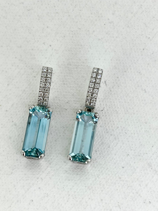 Long Emerald cut Aquamarines on Huggies