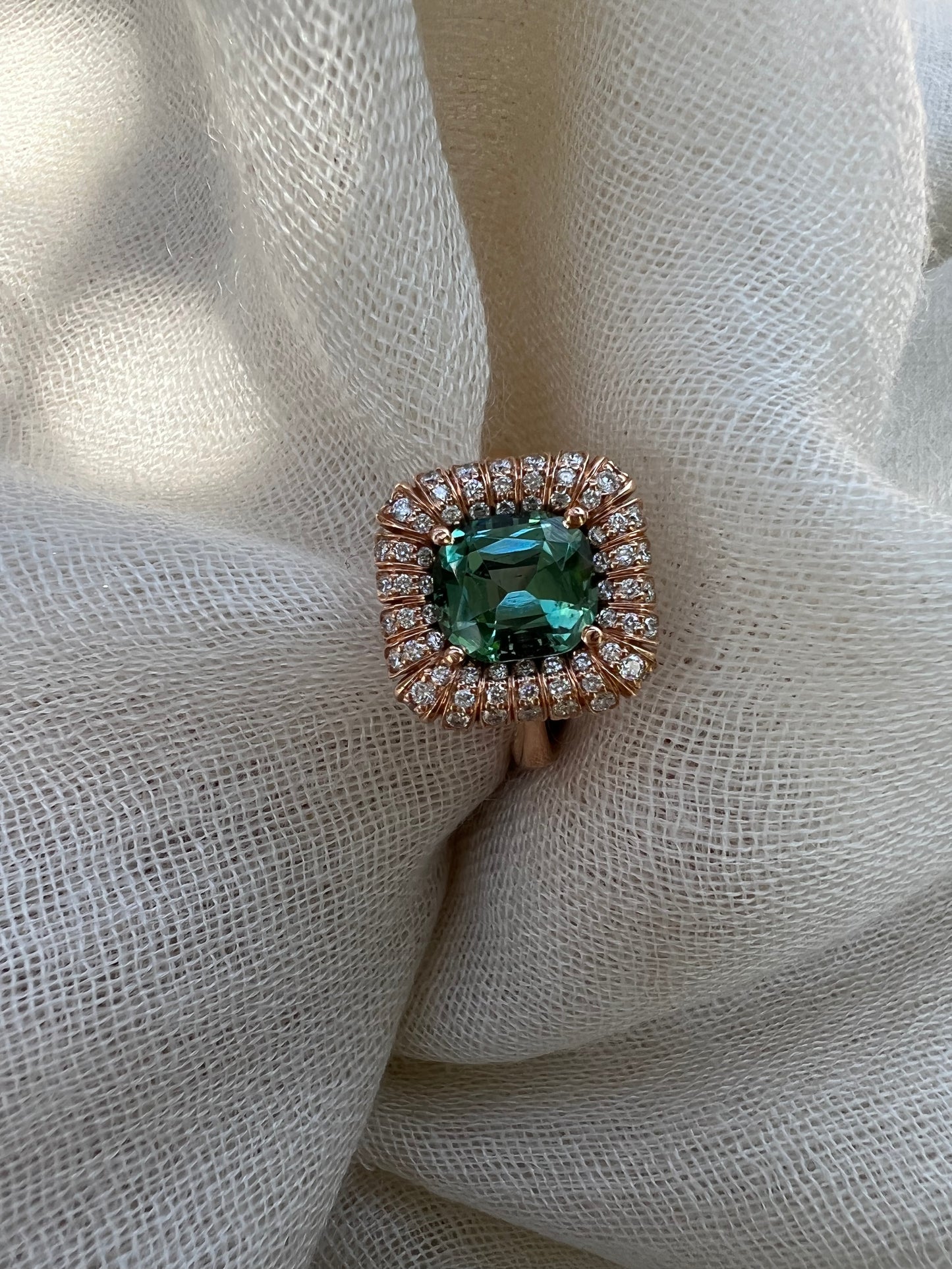 Lagoon green Tourmaline radial ring in rose gold