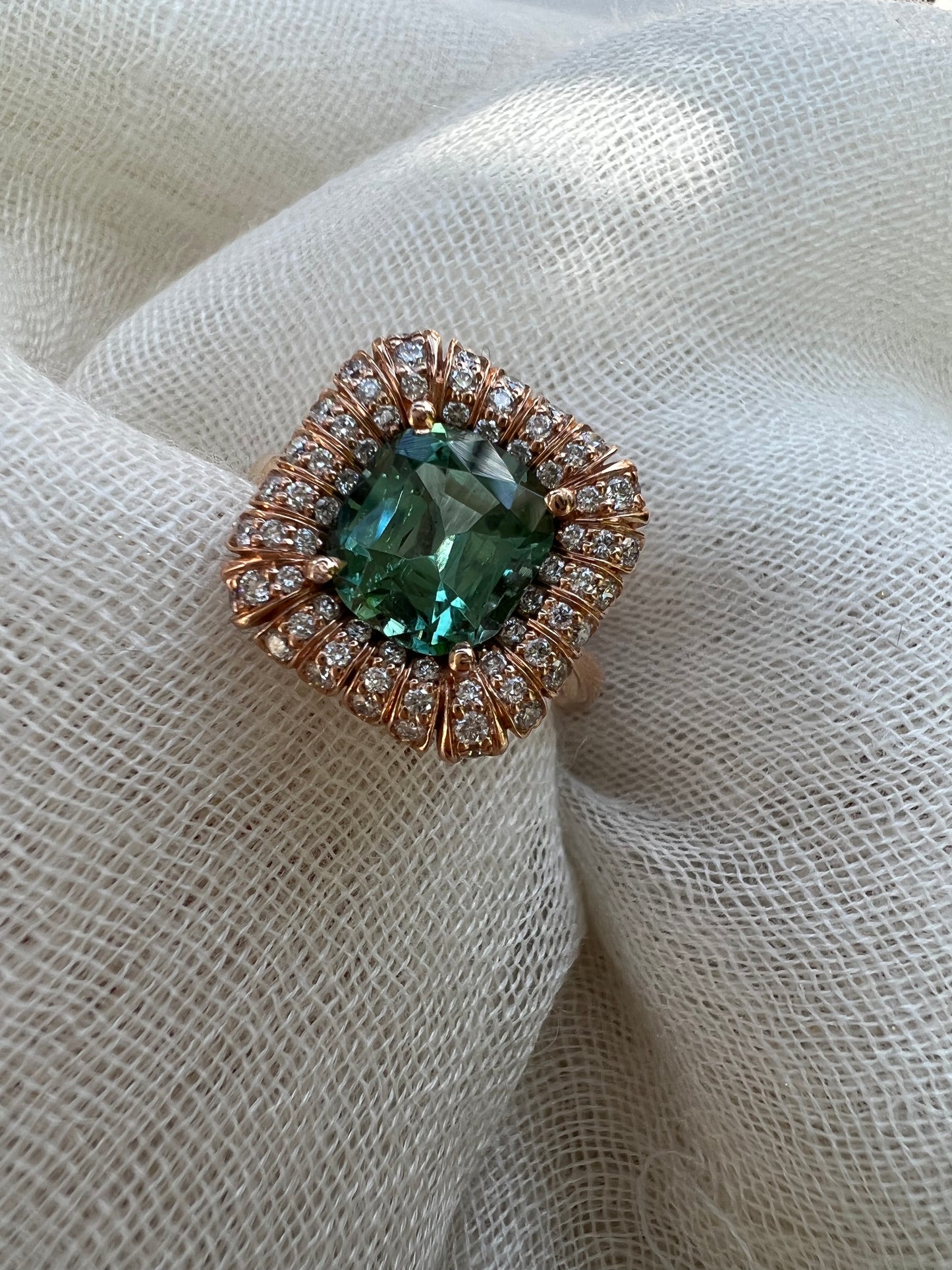 Lagoon green Tourmaline radial ring in rose gold