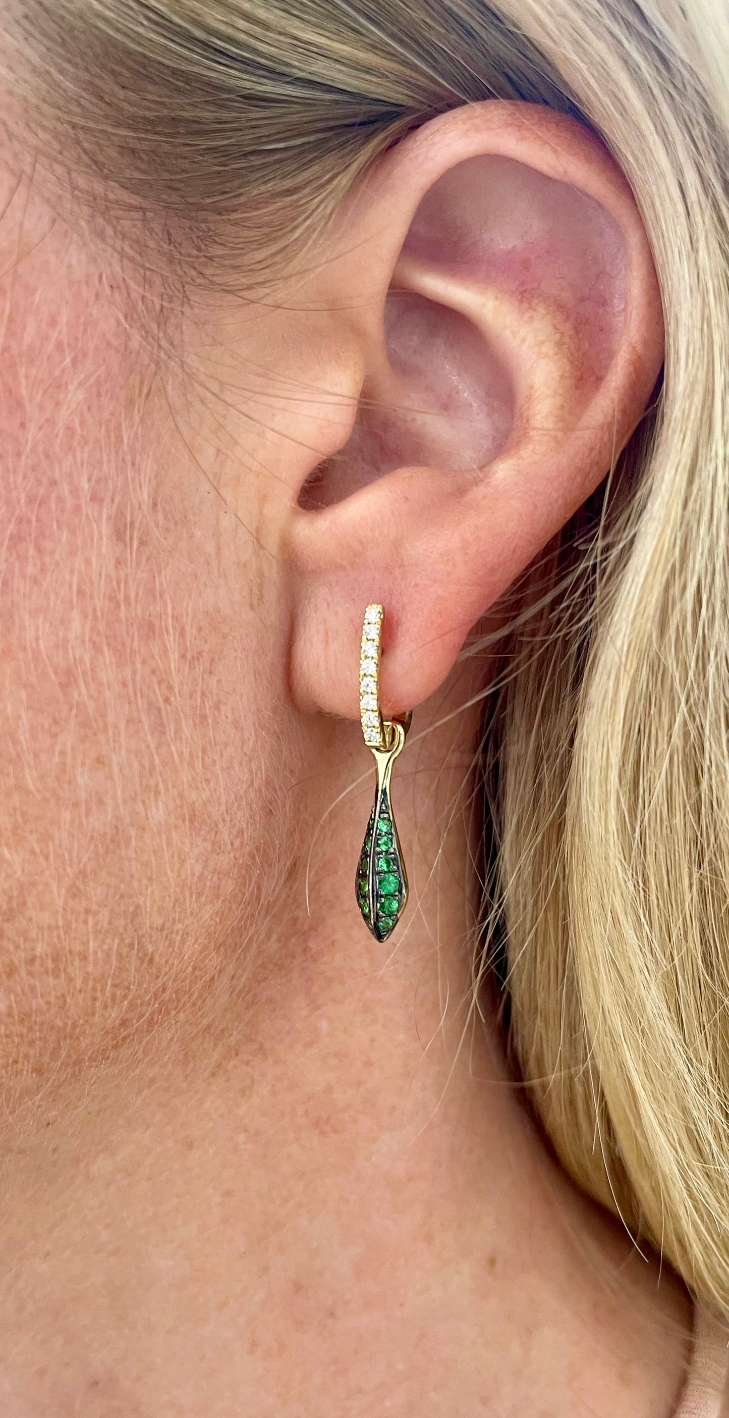 Tsavorite pod on Huggie earrings