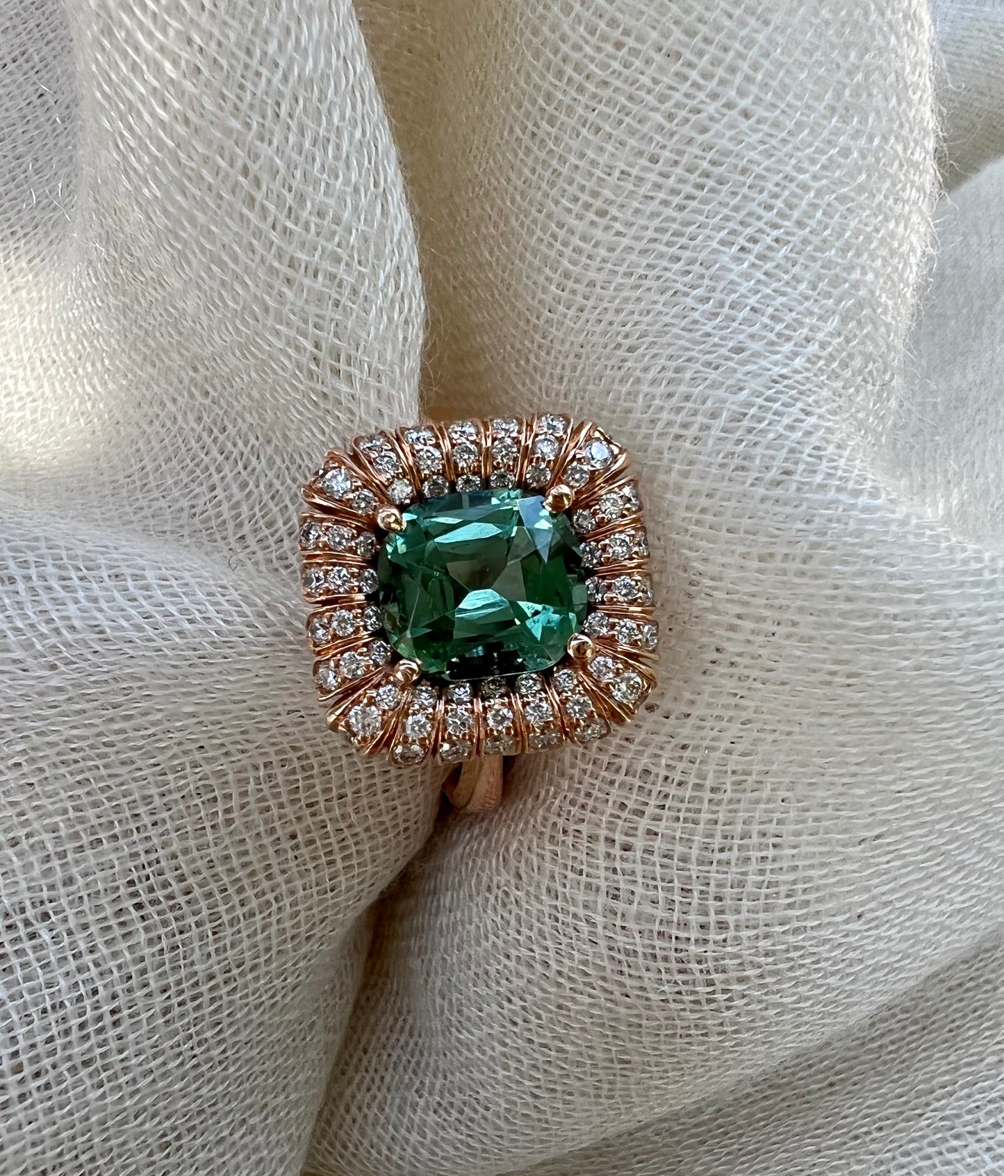 Lagoon green Tourmaline radial ring in rose gold