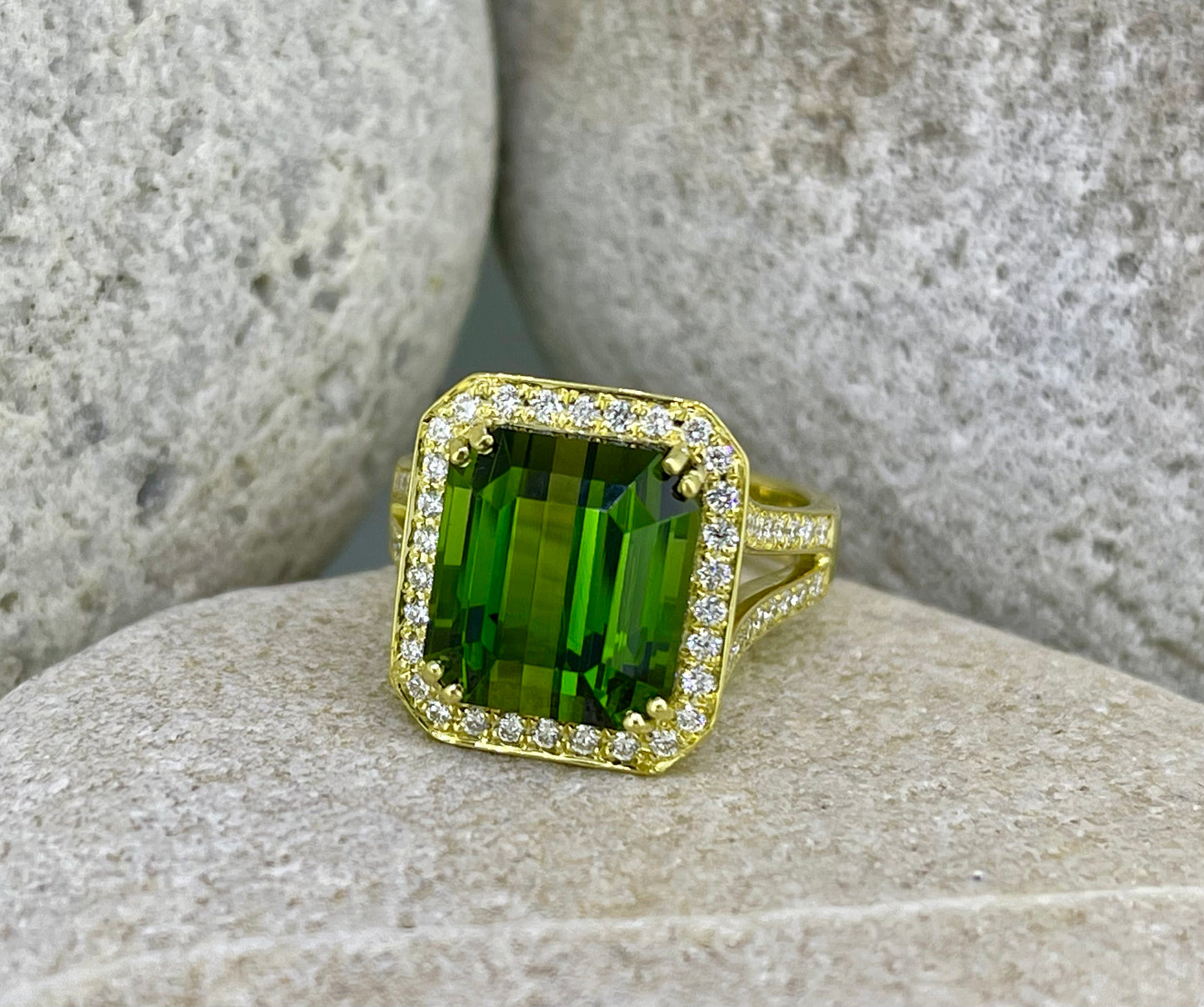 Emerald cut green Tourmaline ring