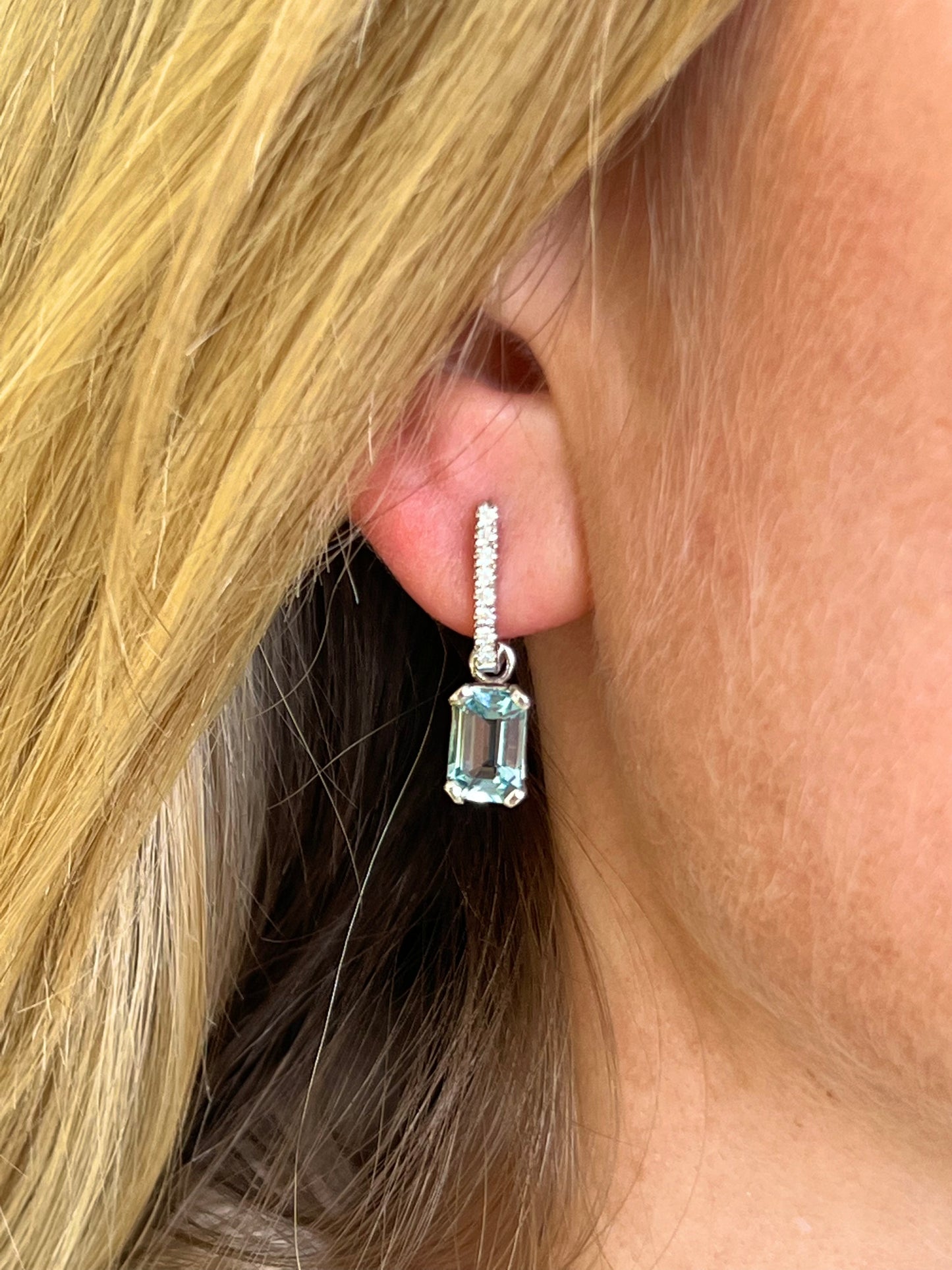 Aquamarine emerald cut drop earrings