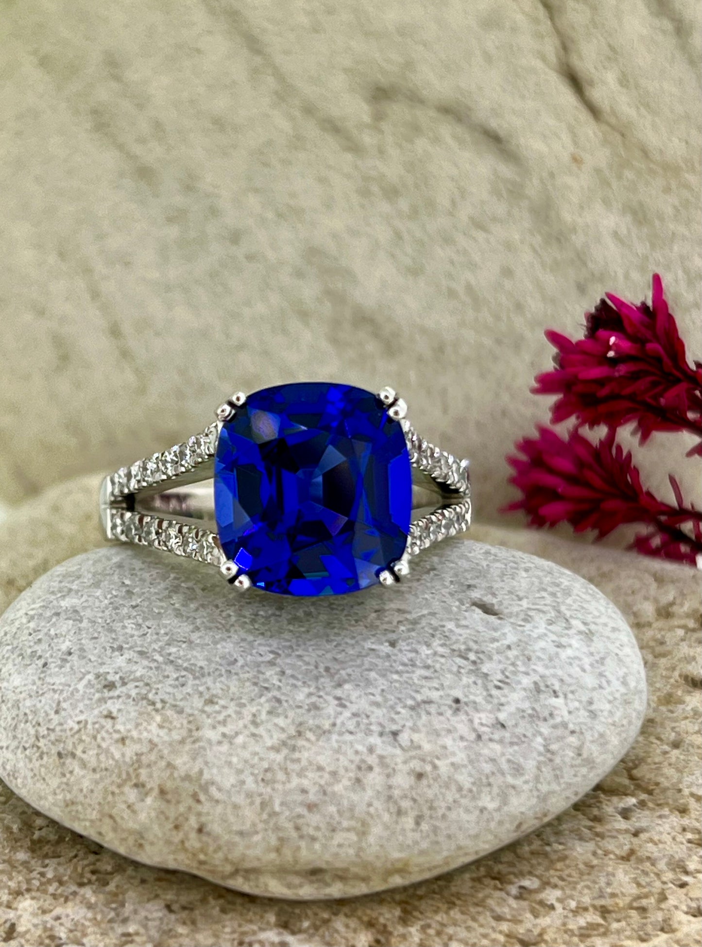 Cushion cut Tanzanite split shank ring