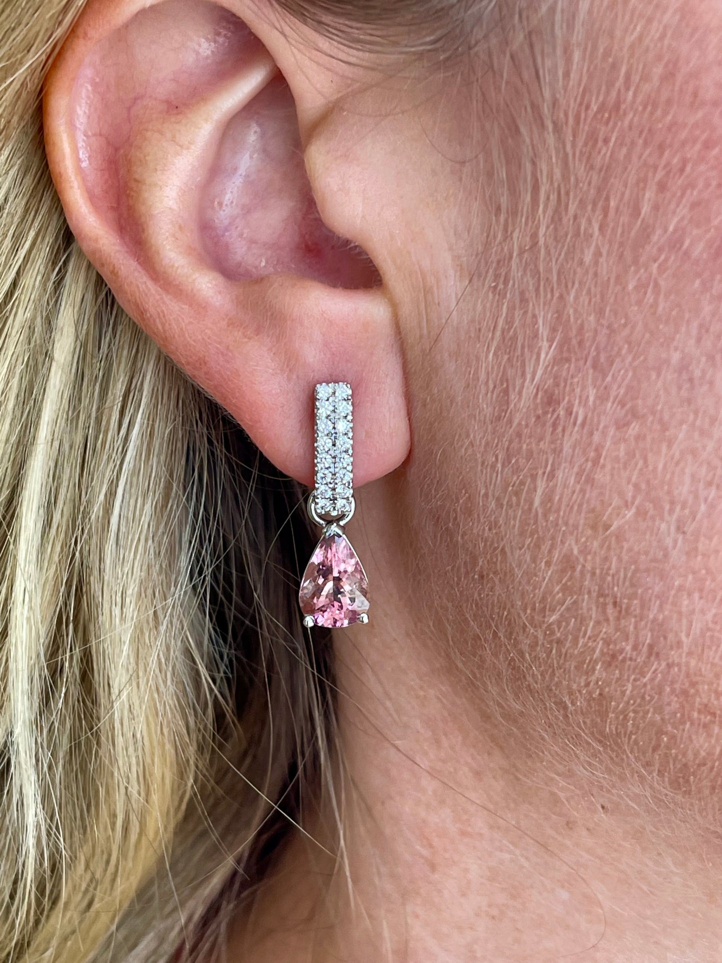 Double row Huggies with pink pear Tourmaline