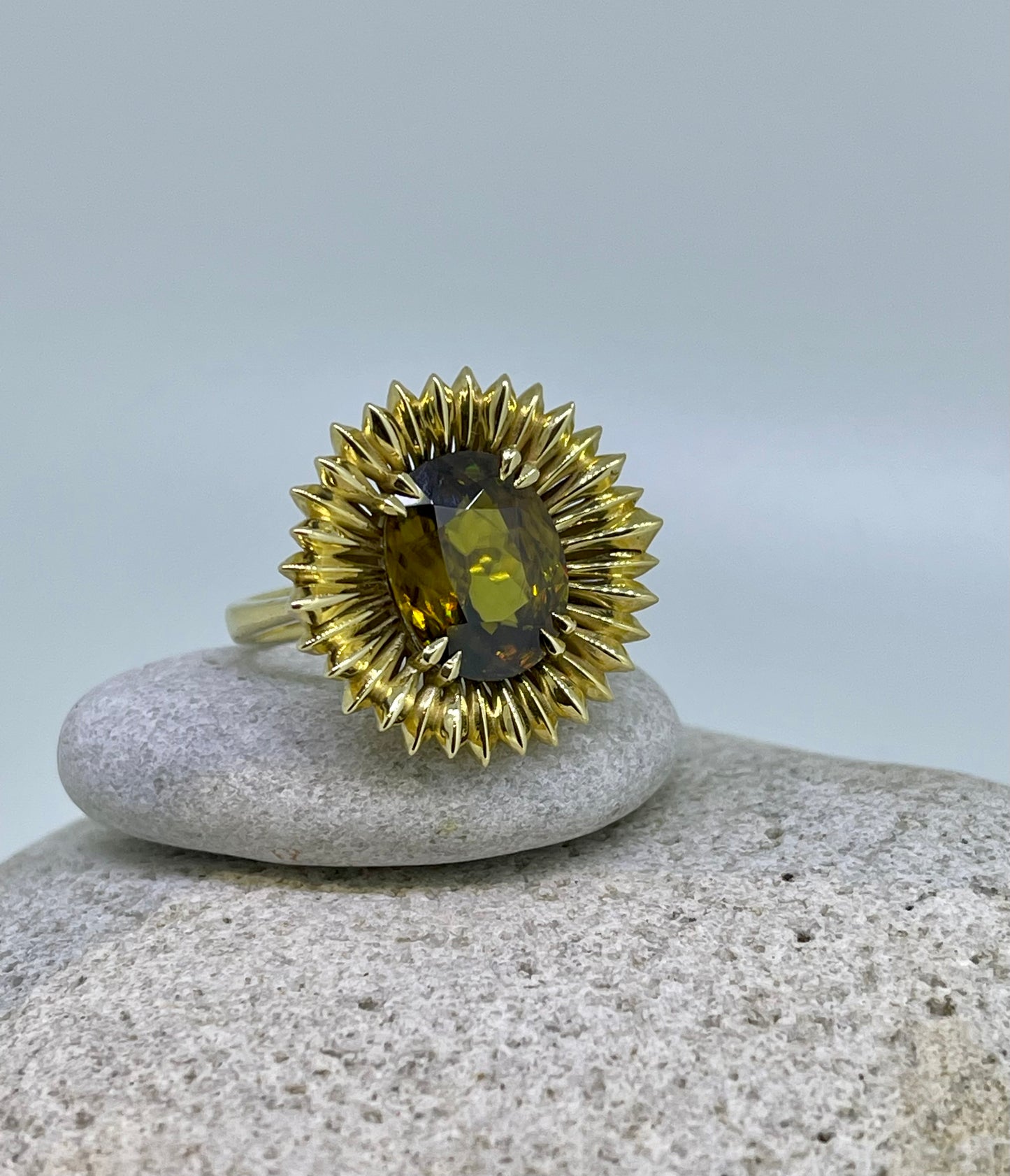 Monstera Sphene ring in yellow gold