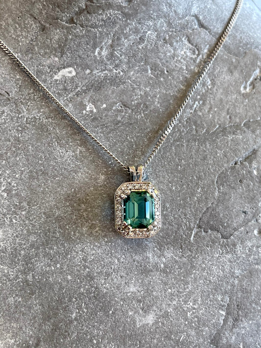 Lagoon green Tourmaline pendant with halo