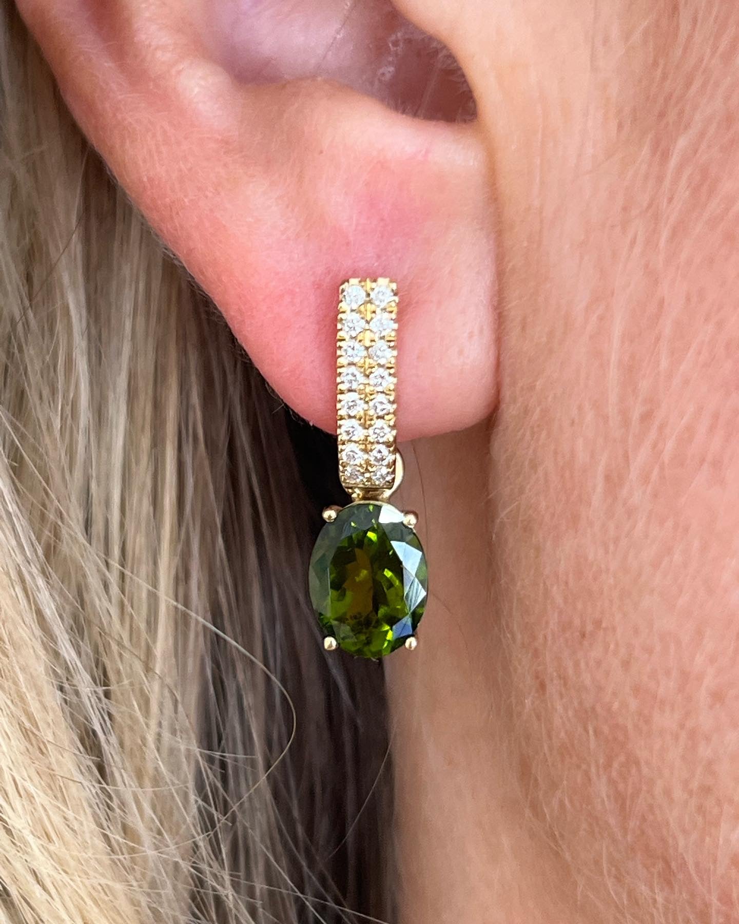 Green Tourmalines on double row Huggies