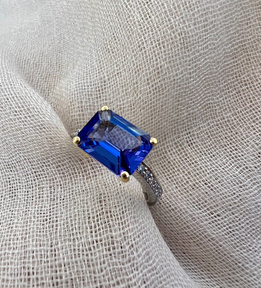 Tanzanite Emerald cut ring in yellow and white gold