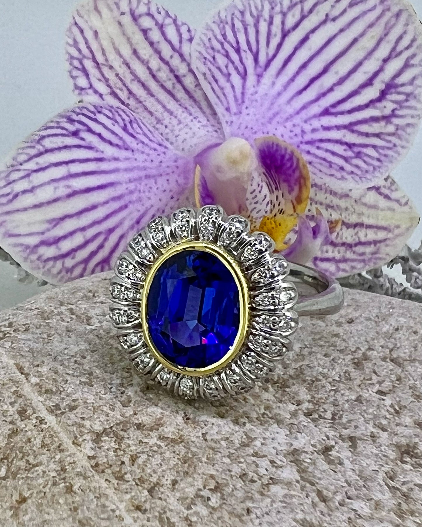 Tanzanite oval ring in white and yellow gold